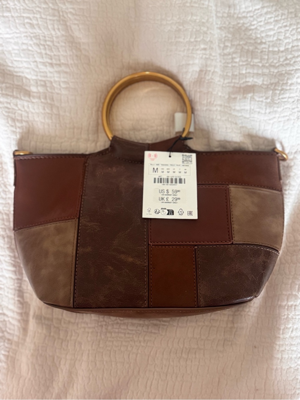 Zara Brown Patchwork Leather Crossbody with Gold Ring Handles - Picture 3 of 3
